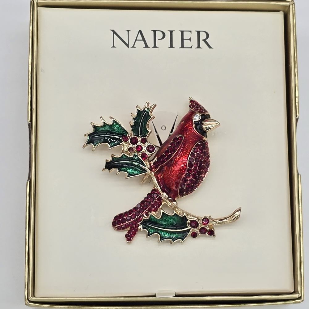 Napier Red and Green Cardinal Brooch New In Gift Box Christmas Pin